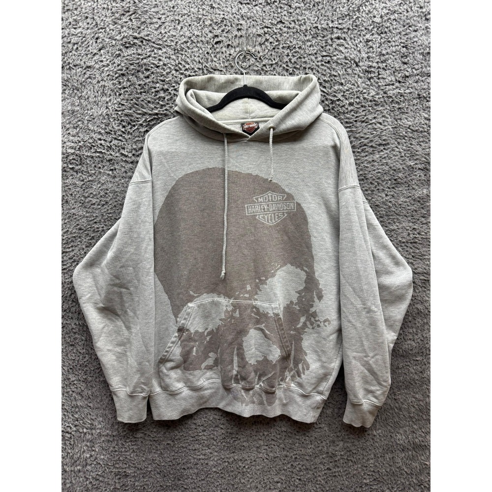 Harley-Davidson Skull Graphic Fleece Pullover Hoodie Heather Gray Mens Size L/XL